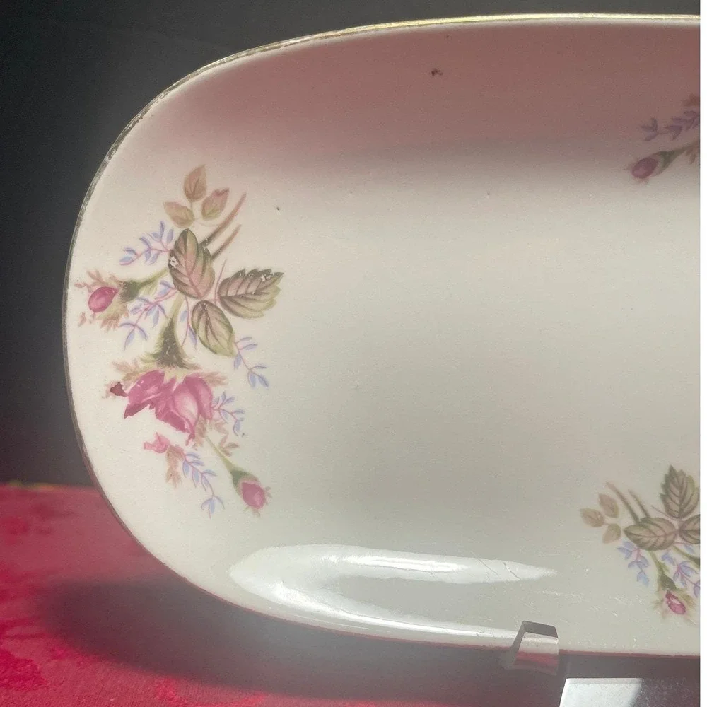 Vintage Nasco Moss Rose Oblong Porcelain Bread Plate Made in Japan 1950s